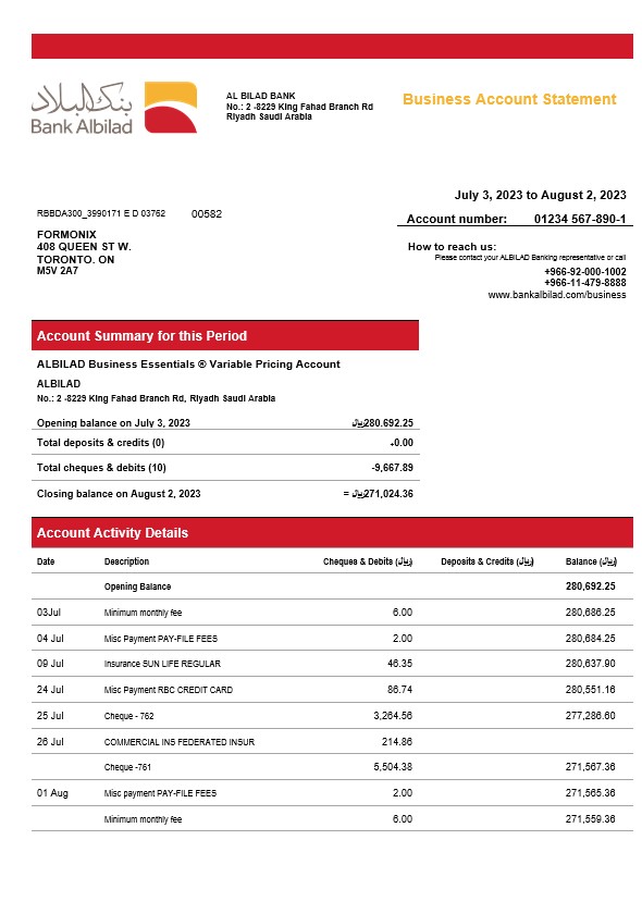 Modèle Word et PDF de relevé d'entreprise de la Banque Albilad